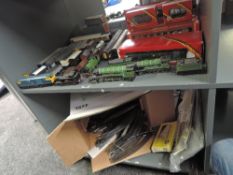 Two shelves of 00 gauge including Hornby R157 BR Diesel Power Car set, boxed, R233 Pullman Carriages