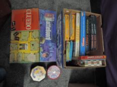 A box of vintage games including Ideal Battleboard, Spears Flying Hats and Coppit, Scrabble and