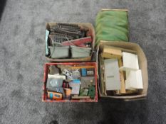 Three boxes of 00 gauge Accessories, Track and Rolling Stock etc also including Tunnel