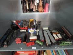 A shelf of Honby Dublo 00 and Three rail including 4-6-2 Sir Nigel Gresley and Duchess of Montrose