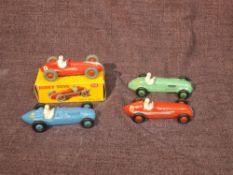 Four Dinky diecasts, 107 Maserati Racing Car in original box Alfa Romeo, HWM and Talbot Lago