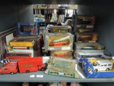 A shelf of Corgi diecasts, 1980's onwards, mainly boxed, part boxed, approx 30