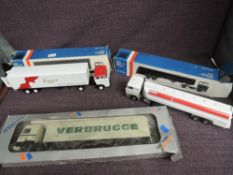 Three Daf Trucks diecast Articultaed Wagons, Terrys (af), Verbrugge and Esso, all boxed