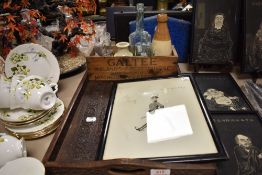 A mixed lot of vintage and antique items to include carved tray, advertising crate for Galtree