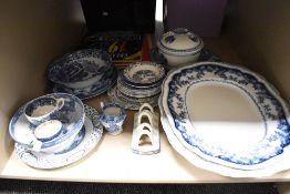 A selection of vintage and antique blue and white ware, platters, plates and more to be included.