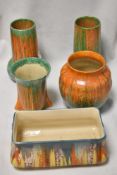 A selection of Art Deco Wade Heath Orcadia wares, fluted vase having had a repair all other pieces