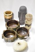 A group of studio pottery, to include crystalline-glazed vase, brutalist style triple planter, two