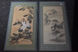 (20th century), a pair of paintings on fabric, 48 x 23cm, mounted framed and glazed, 64 x 34cm