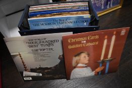 A vintage record box with a selection of vinyl albums including a signed copy of Geoff Stephenson