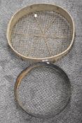 Two vintage gardeners riddles or soil sieves