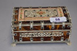 A small casket form trinket case having inlayed casing with bone decoration