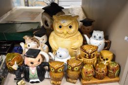 A collection of owl themed ceramics including six tea pots, two large biscuit barrels and