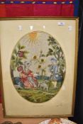 A 20th century needle work embroidery depicting an 18th century Dandy lovers