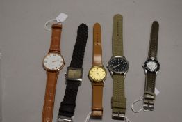 Five mens watches various colour straps
