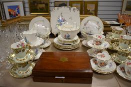 A selection of fine part tea services including Crescent, Paragon and New Chelsea Alicia