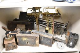 A selection of assorted hardware including dog themed companion set, large door locks, coffee