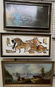 A mid 20th Century oil painting of a chariot and horses together with an oil painting of a Swiss