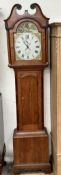 A 19th century oak longcase clock, the hood with a broken swan neck pediment and columns,