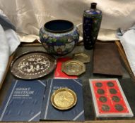 A Cloisonne enamel Jardiniere together with a similar vase, various coins,