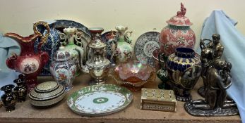 A blue and white meat plate together with modern Chinese vases,