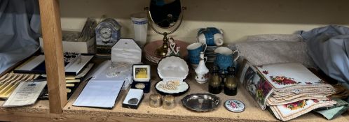 Assorted linen together with a part tea service, simulated pearls, silver napkin rings,