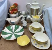 A collection of mid winter pottery including a coffee pot,