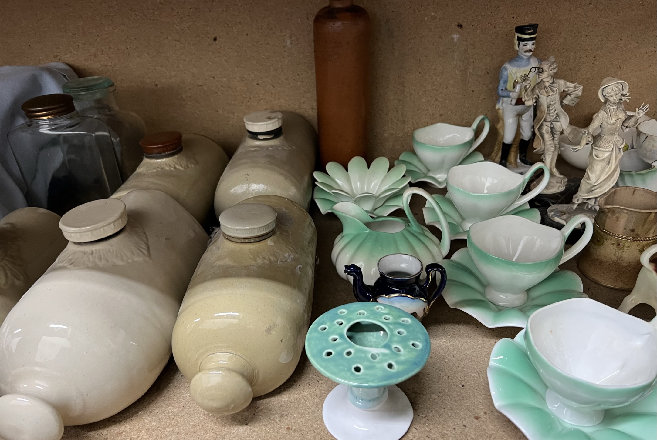 Stoneware foot warmers together with a leaf decorated part tea set, drinking glasses, - Image 3 of 3