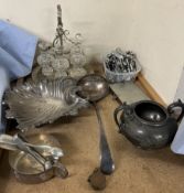 An electroplated six bottle cruet together with an electroplated dish, ladle,