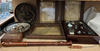 A collection of rock samples and case together with Ivorex panels, continental pottery chargers,