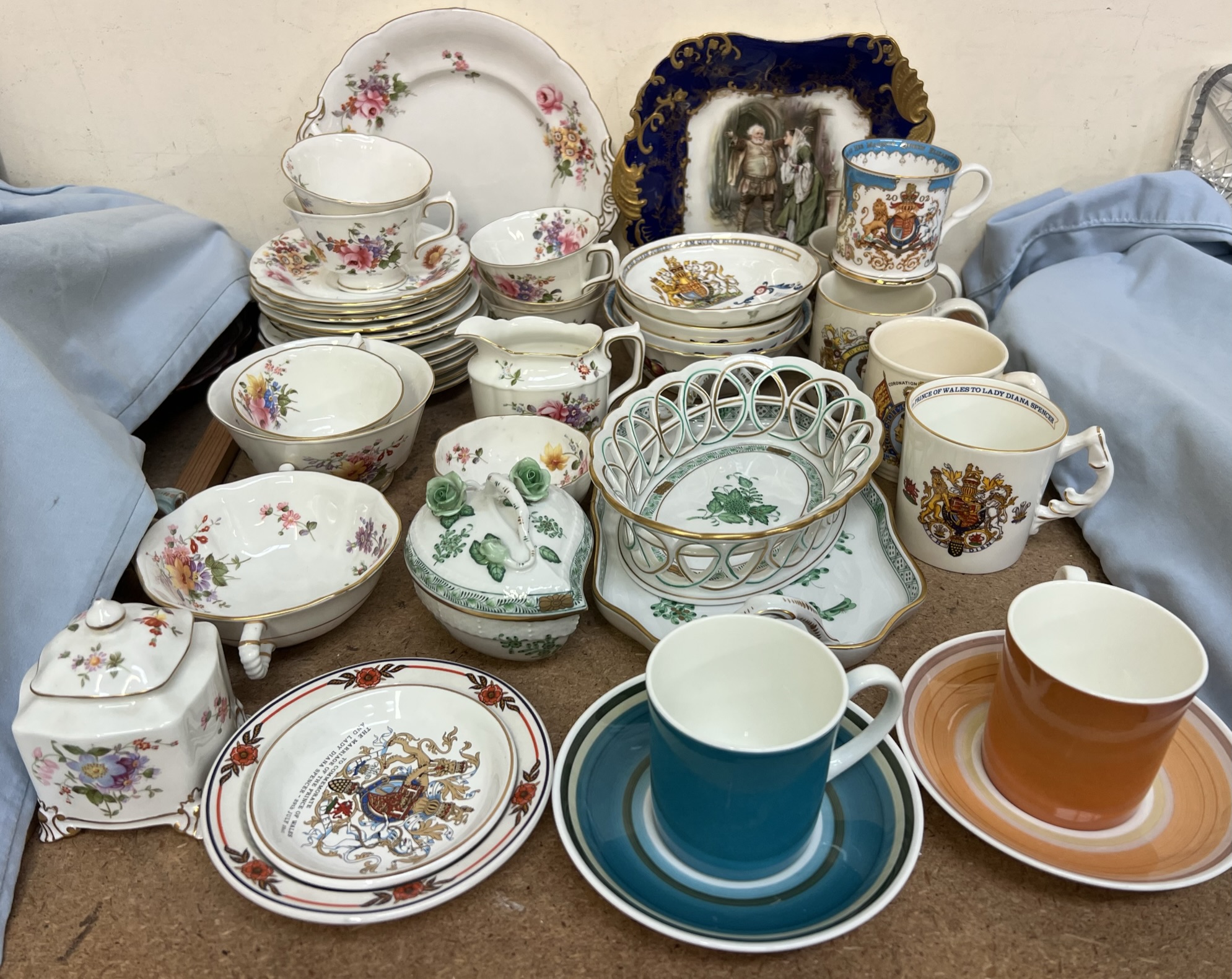 An Herend porcelain hearty shaped box and cover together with a matching chestnut basket and twin