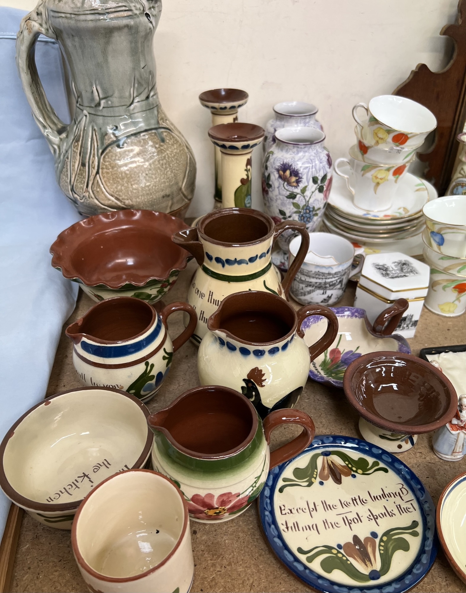 A studio pottery jug together with a collection of mottowares, floral decorated part tea set, - Image 3 of 3