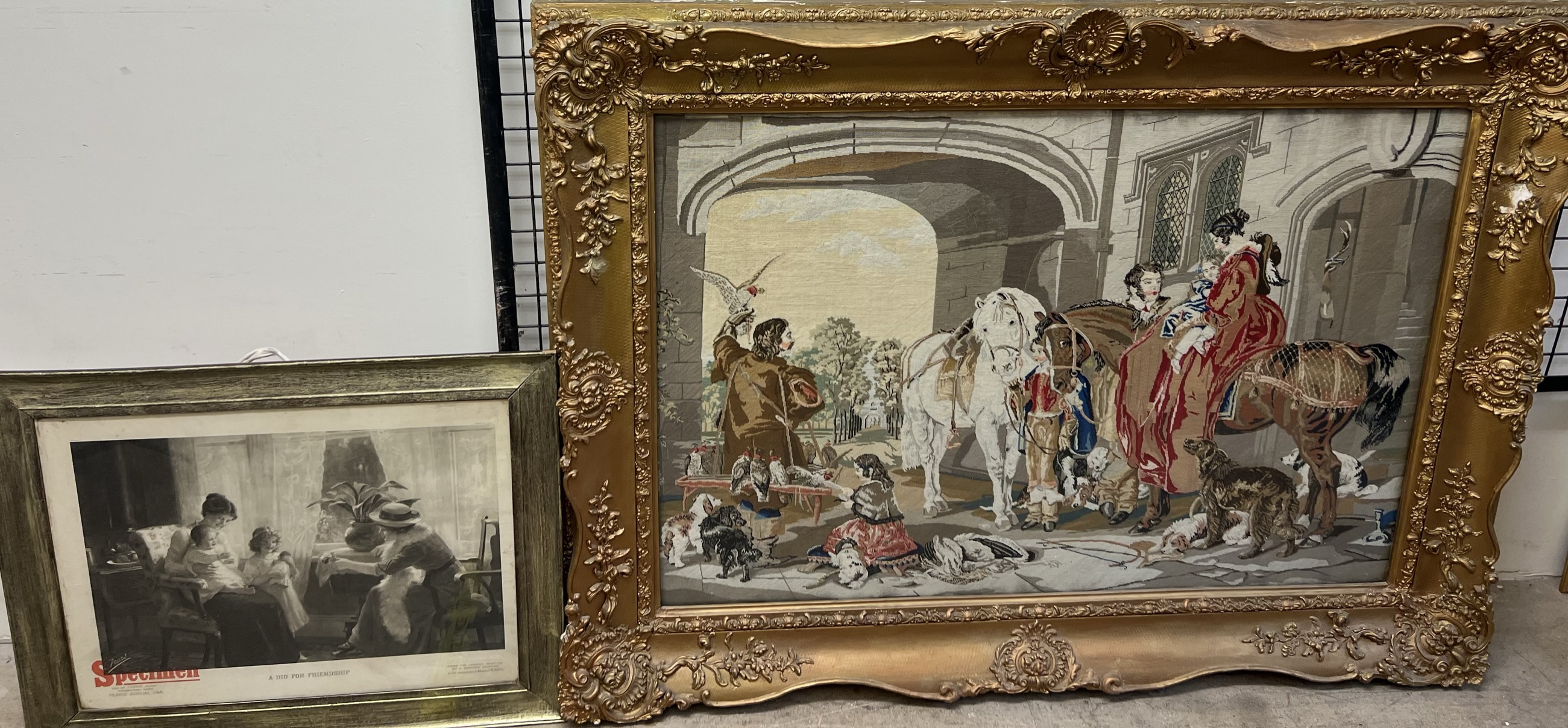 A large 19th century tapestry picture of an archway with horses, falcons, children etc, - Image 2 of 2