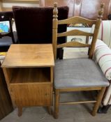 A mid 20th century teak bedside cabinet together with a ladder back chair