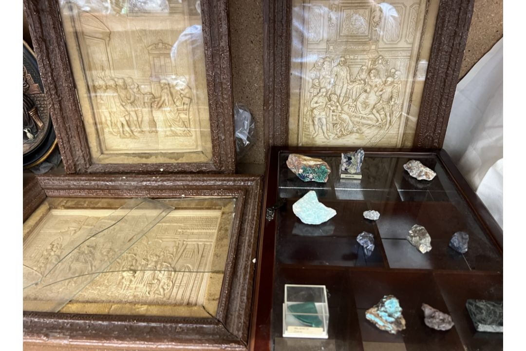 A collection of rock samples and case together with Ivorex panels, continental pottery chargers, - Image 2 of 2