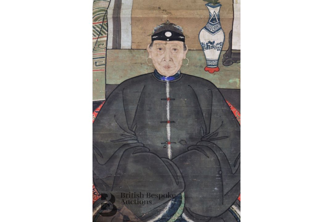 Mid-19th Century Chinese Portrait Ancestral Scroll Painting - Image 6 of 7