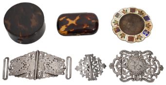 A George V circular tortoiseshell trinket pot and others