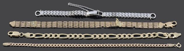 Three 9ct gold bracelets with 9ct white gold watch bracelet