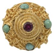 An Eastern ruby and turquoise set coil ring