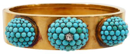 A mid Victorian yellow gold and turquoise hinged bangle