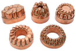 Three Victorian Benham & Froud copper jelly moulds and two others