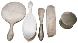 An early 20th c. Chinese export silver five piece dressing table set marked Luen Wo, Shanghai c.1920