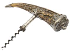 A late 19th century American silver mounted antler corkscrew stamped Theodore B Starr
