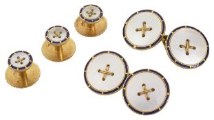 A mother of pearl, enamel and 18ct yellow gold dress set