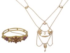 An Art Nouveau opal, pearl and festoon necklace and bangle