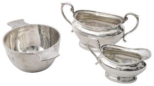 A George V silver quaich together with a bachelors sugar basin and milk jug
