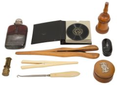 A 19th century treen boxwood glove powderer and other items