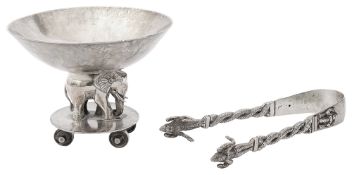 An early 20th century Indian Colonial silver bonbon dish and a pair of sugar tongs