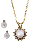 An 18ct gold Tiffany diamond and cultured pearl necklace and earring set