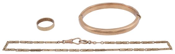 A 9ct gold chain, ring and stiff bangle