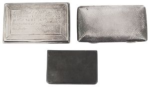 An early Victorian snuff box, Edwardian card case and Swedish matchbook